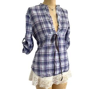 Love on a Hanger Plaid Button Shirt Purple Cinch Waist Boho Cottagecore M